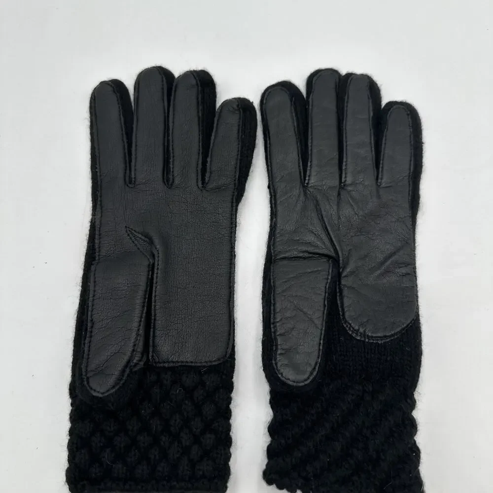 Ladies Black Leather Knit Gloves Size S/M
